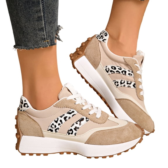 Rokment Women's Leopard Platform Fashion Sneakers Trendy Casual Color Block Suede Lace up Skateboard Tennis Walking Running Shoes for Woman Beige Size 6