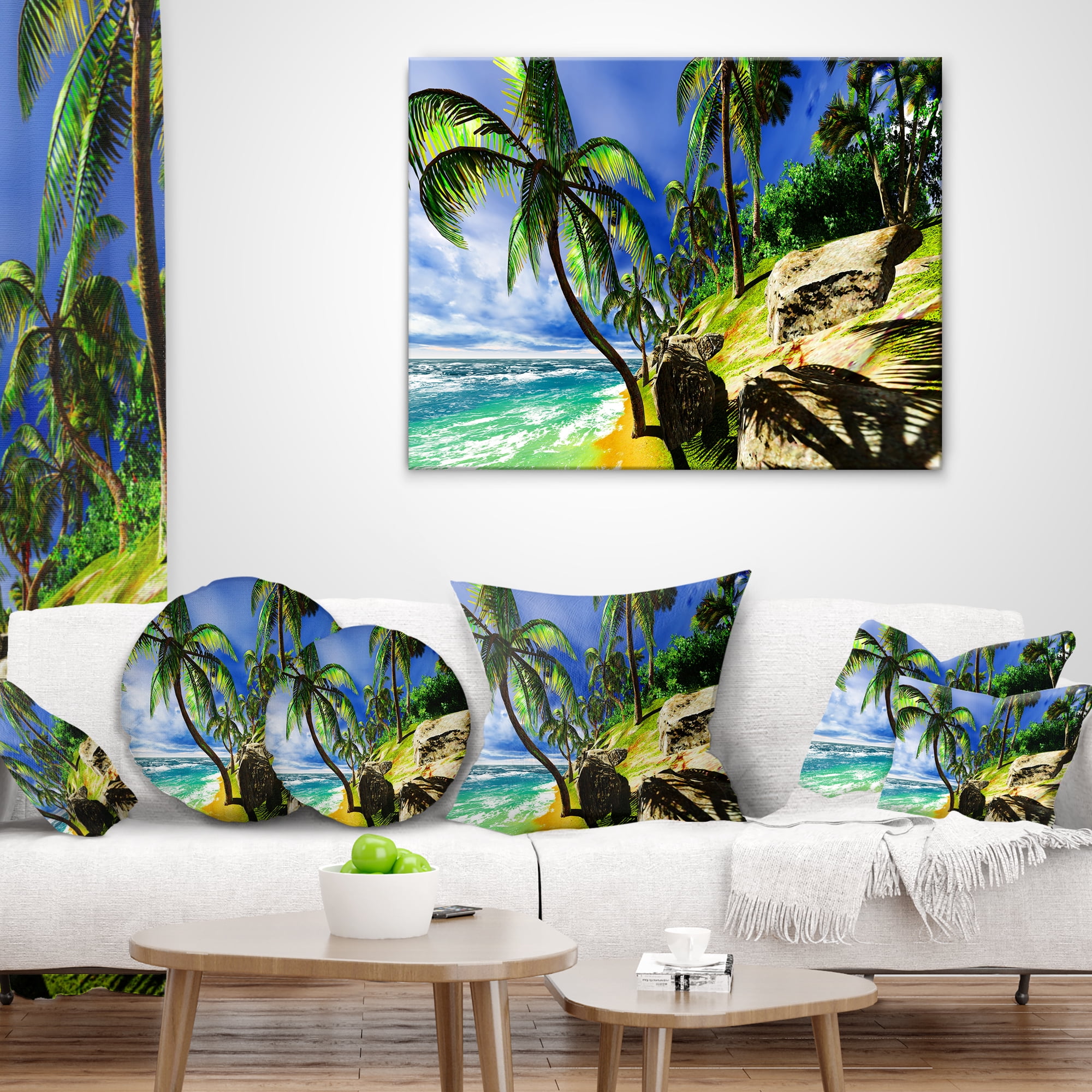 Designart Palms in Hawaii Island Beach - Modern Seascape Throw Pillow - 16x16