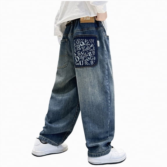 TOWED22 Boys Baggy Jeans Straight Wide Leg Casual Jeans Elastic Waist Loose Y2K Streetwear Vintage Denim Pants with Pockets(Blue,7-8 Y)