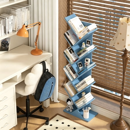 10-Tier Tree Bookshelf Floor Standing Wood Bookshelf for Narrow Space Storage Organizer for Books/CDs/Magazine Bookcase for Home Office Living Room Pure Blue