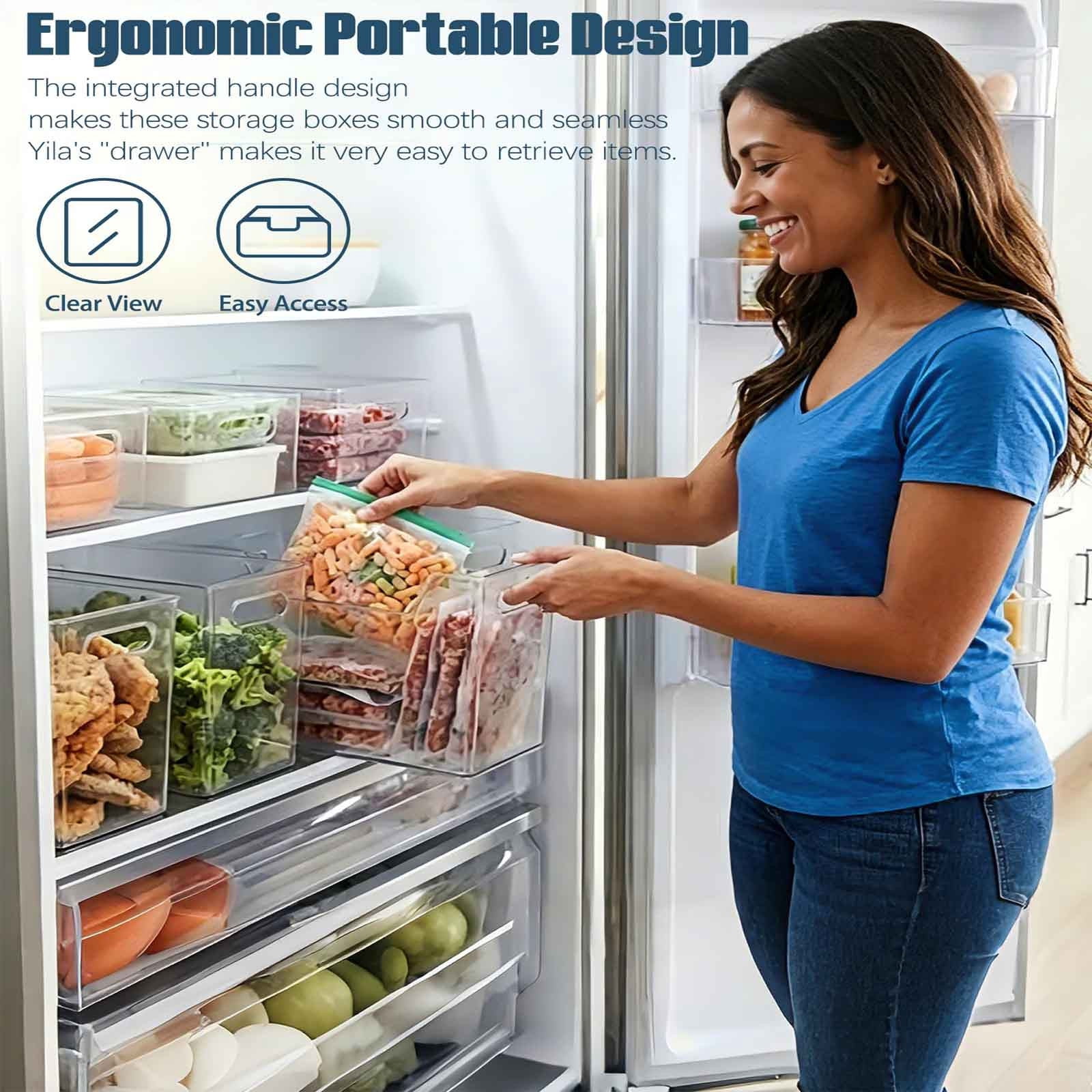Freezer Storage Bins 4 Pack, Clear Plastic Stackable Kitchen Organizer with Handles for Fridge Pantry Meat Veggies