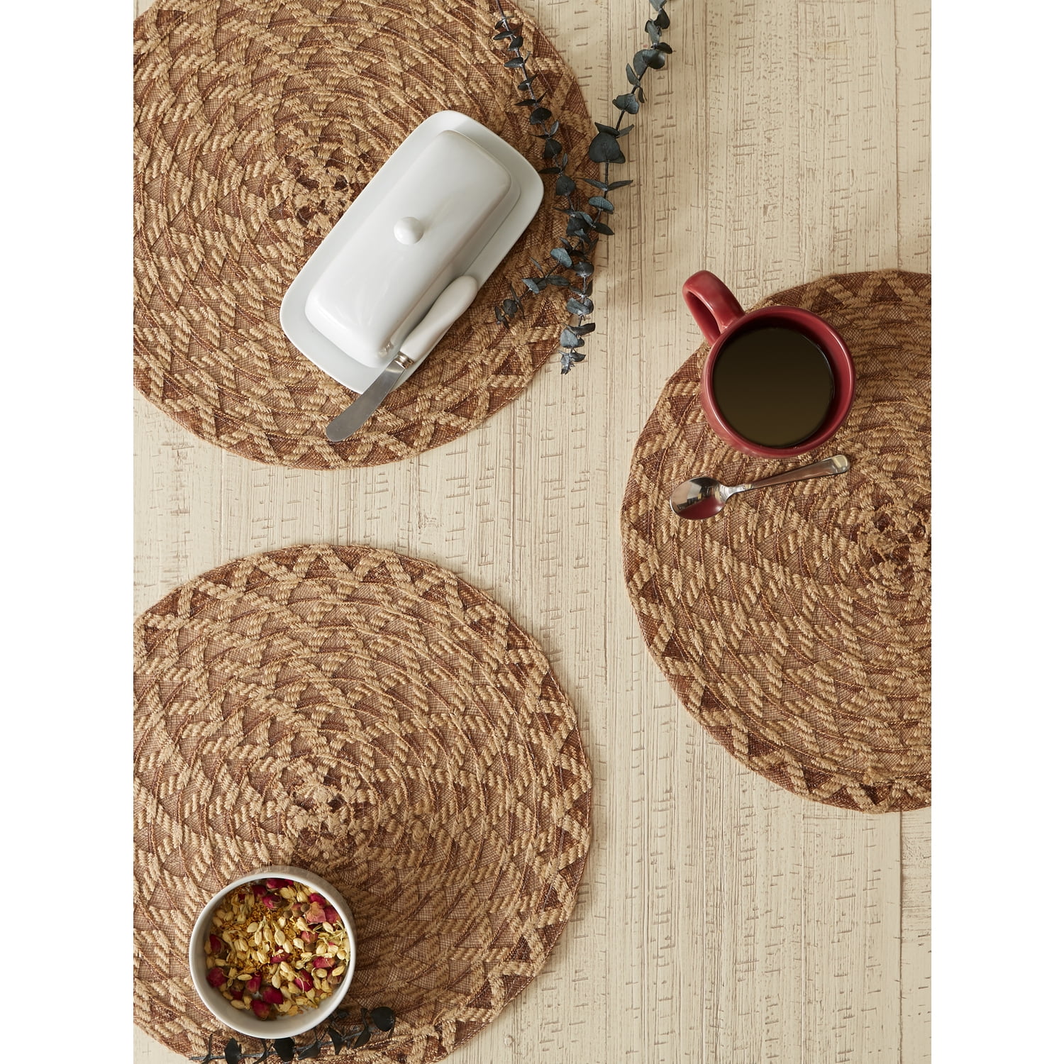 Contemporary Home Living Woven Round Dining Table Placemats - 15" - Brown and Tan