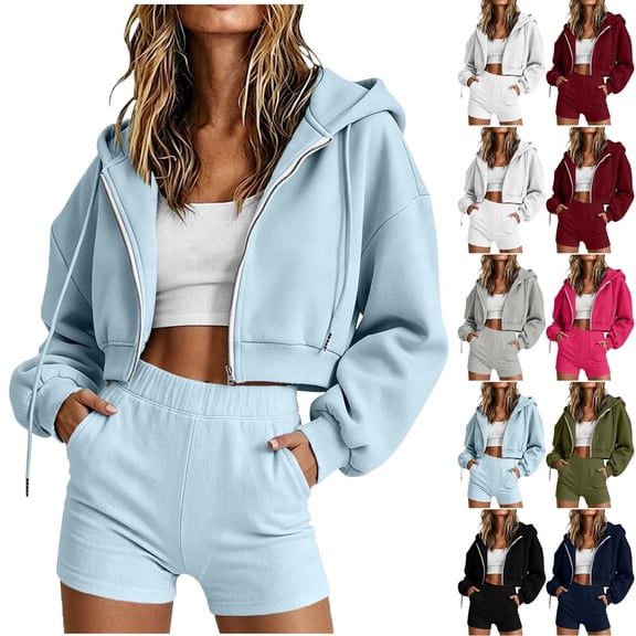 WAGUTH 2 Piece Sets for Women Cropped Full-Zip Drawstring Hooded Jacket & Elastic High Waist Shorts with Pockets Casual Loungewear Tracksuit
