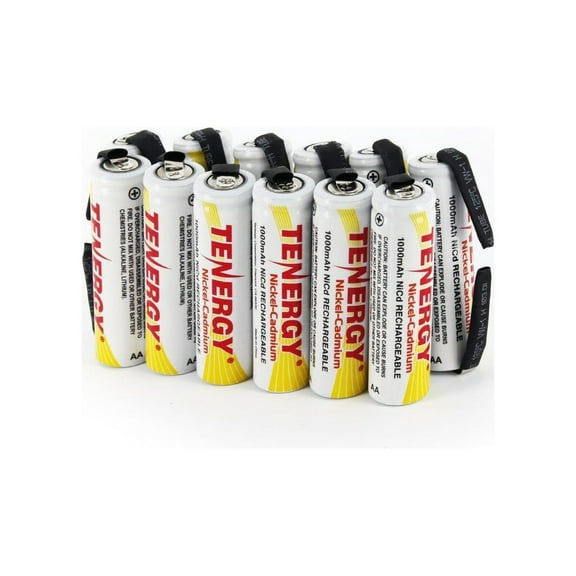 Tenergy AA 1000mAh NiCD Rechargeable Batteries Flat Top with Tabs, 12-Pack