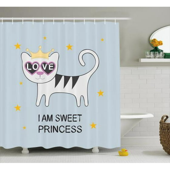 I Am A Princess Shower Curtain Sweet Cat With Heart Shaped Glasses Love Royal Animal Character Fabric Bathroom Set Hooks 69w X 84l