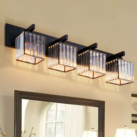 Modern Crystal Vanity Light - 4-Light Black Bathroom Light Fixture Over Mirror