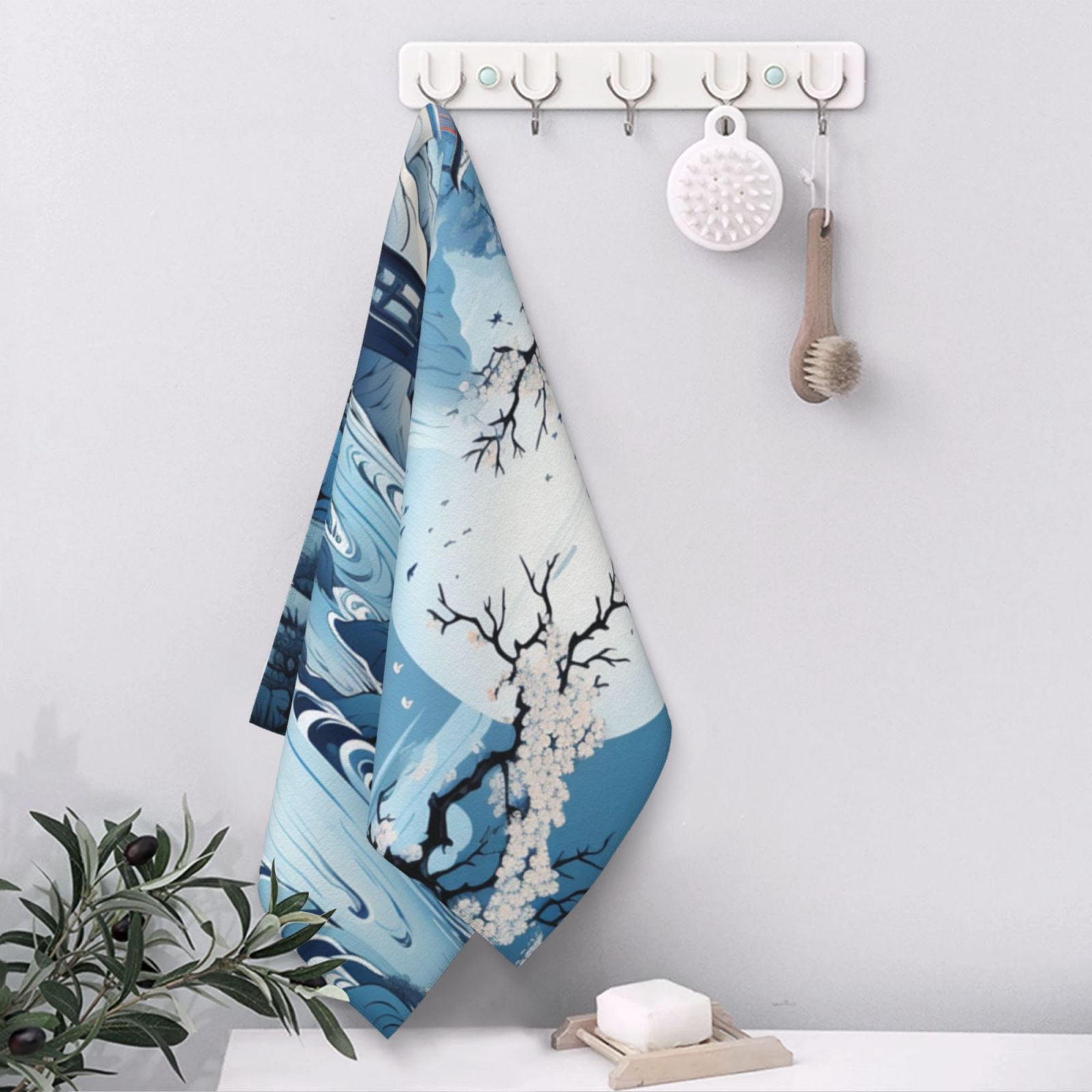 Chinese Style Powder Chinoiserie Toile Blue 27.5" x 16" Ultra Soft Hand Towel, Face Wash Cloth for Bathroom, Gym, Travel, Pool