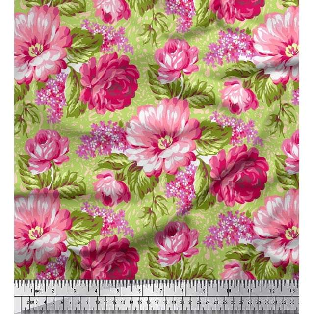 Soimoi Moss Tissu Georgette Feuilles & Pivoines Imprimés Floraux au Mètre 42 Pouces de Large