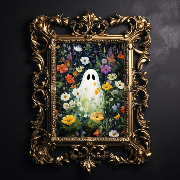 Miluva Colorful flowers ghost portrait print – Halloween decor – Vintage poster, 8x12 UNFRAMED