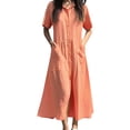 thumbnail image 2 of Staron Robes d'Été pour Femmes Coton Lin Décontractées Amples Robe d'Été à Manches Courtes Col en V Boutonnée Plage Vacances Robes avec Poches, 2 of 6