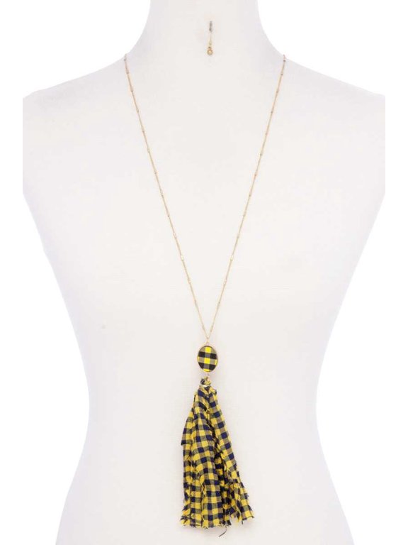 Checkered Pattern Fabric Tassel Necklace Purple