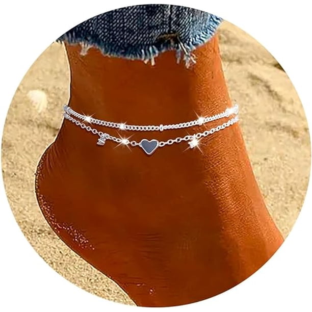 Tobilleras de capa delicada chapadas en plata 925 con circonita cúbica y dije de corazón para mujer, juego de tobilleras de cadena simples y modernas, regalos para adolescentes