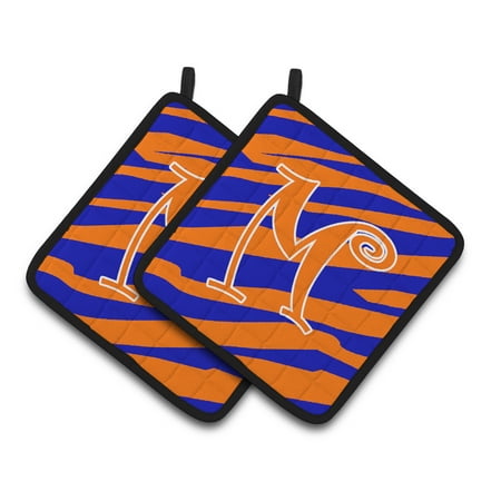 

Carolines Treasures CJ1036-MPTHD Letter M Initial Tiger Stripe Blue and Orange Pair of Pot Holders 7.5HX7.5W