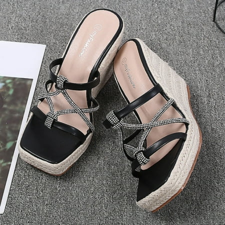 

kpoplk Wedge Sandals For Women Womens Wedge Sandals Heels Open Toe Cork Platform Ankle Strap Slingback Summer Shoes(Black)