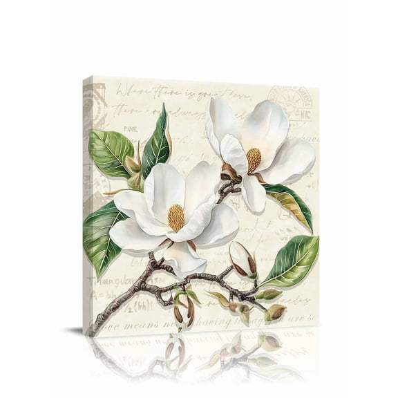 Magnolia Flower Canvas Wall Art, Green Leaf Pastoral Retro Background Framed Wall Decor Modern Artwork Prints Painting for Living Room, Bedroom, Kitchen & Cafe Decor 8x8 Inch