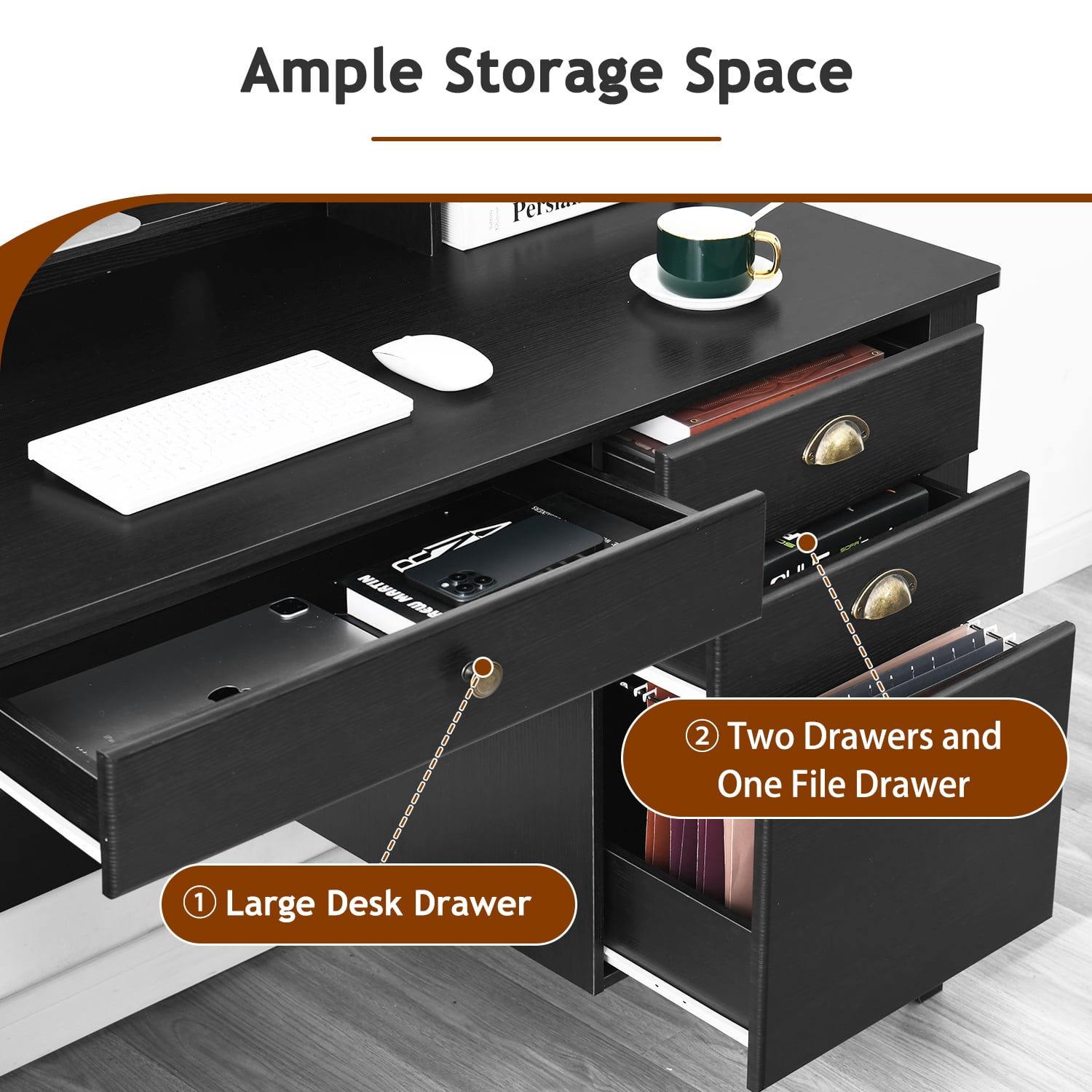 Catrimown Computer Desk, 47.5 in Desk with 4 Drawers, Home Office Desk with Monitor Stand, Matte Black