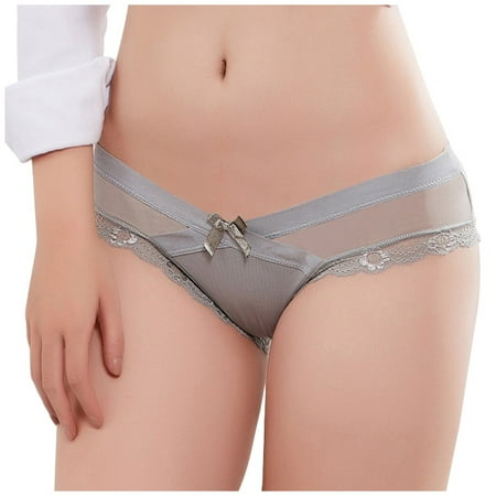 Kopltyrfg Panties For Women Lace Trim Underwear V Waist Panties Silk Soft Briefs Full Coverage Cute Bowknot Gray L