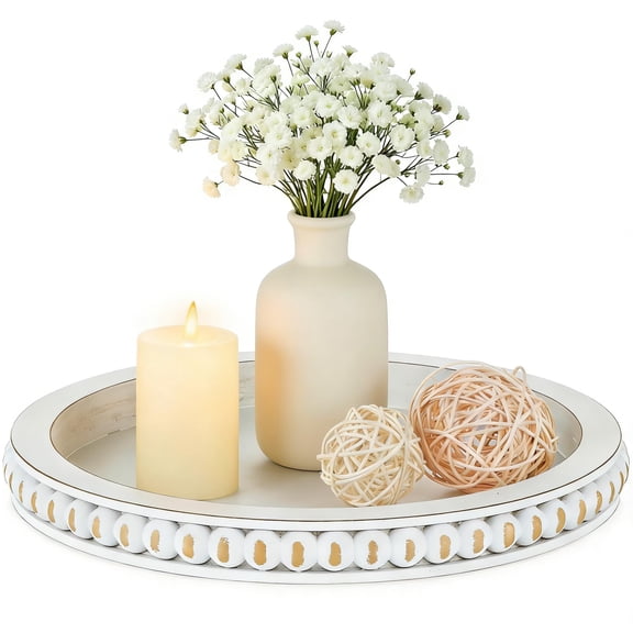 Hanobe Round Wooden Tray ： Decorative Candle Plate Holder Tray for Coffee Table - Rustic Farmhouse Table Centerpiece
