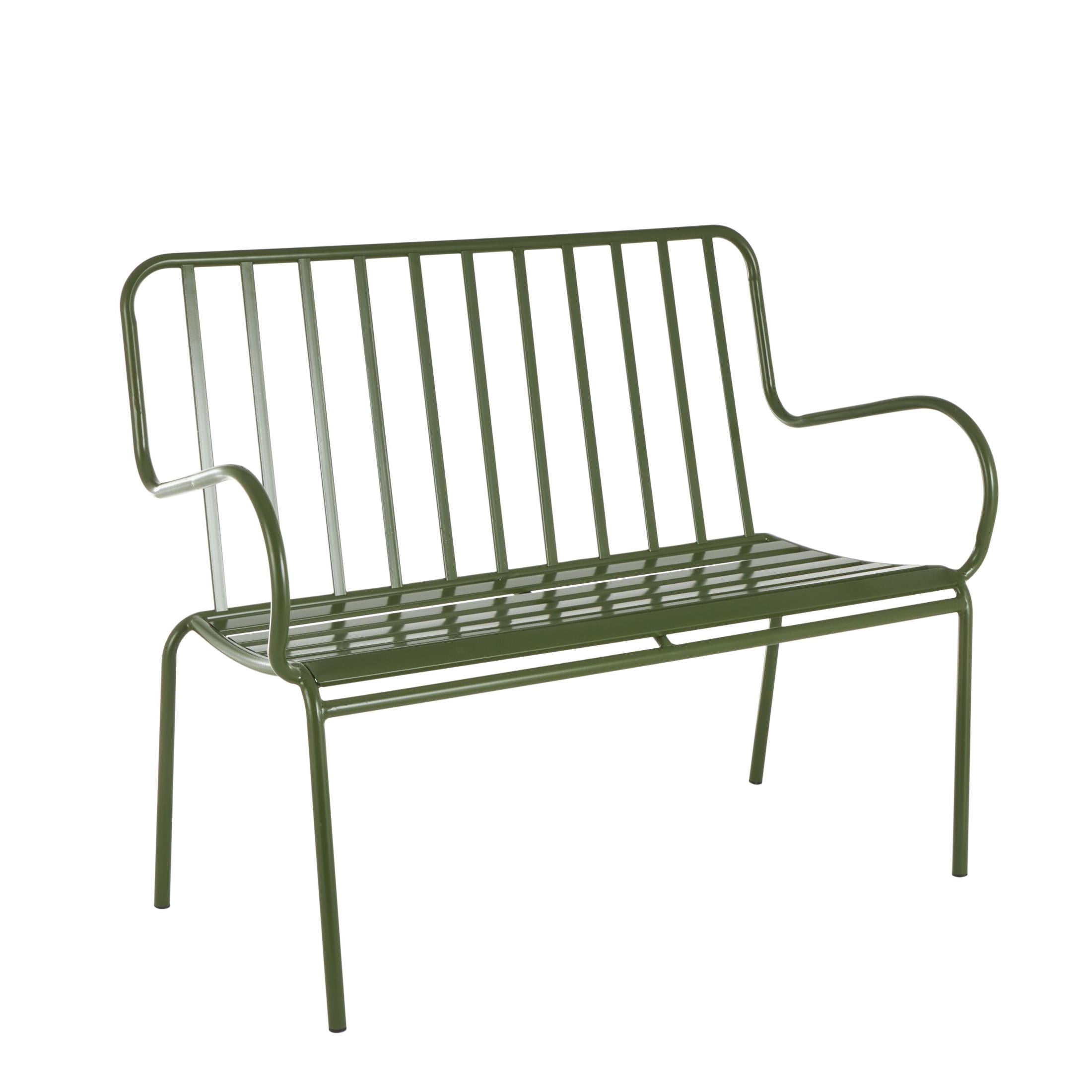 DecMode Metal Slatted Outdoor Bench with Curved Armrests, Green
