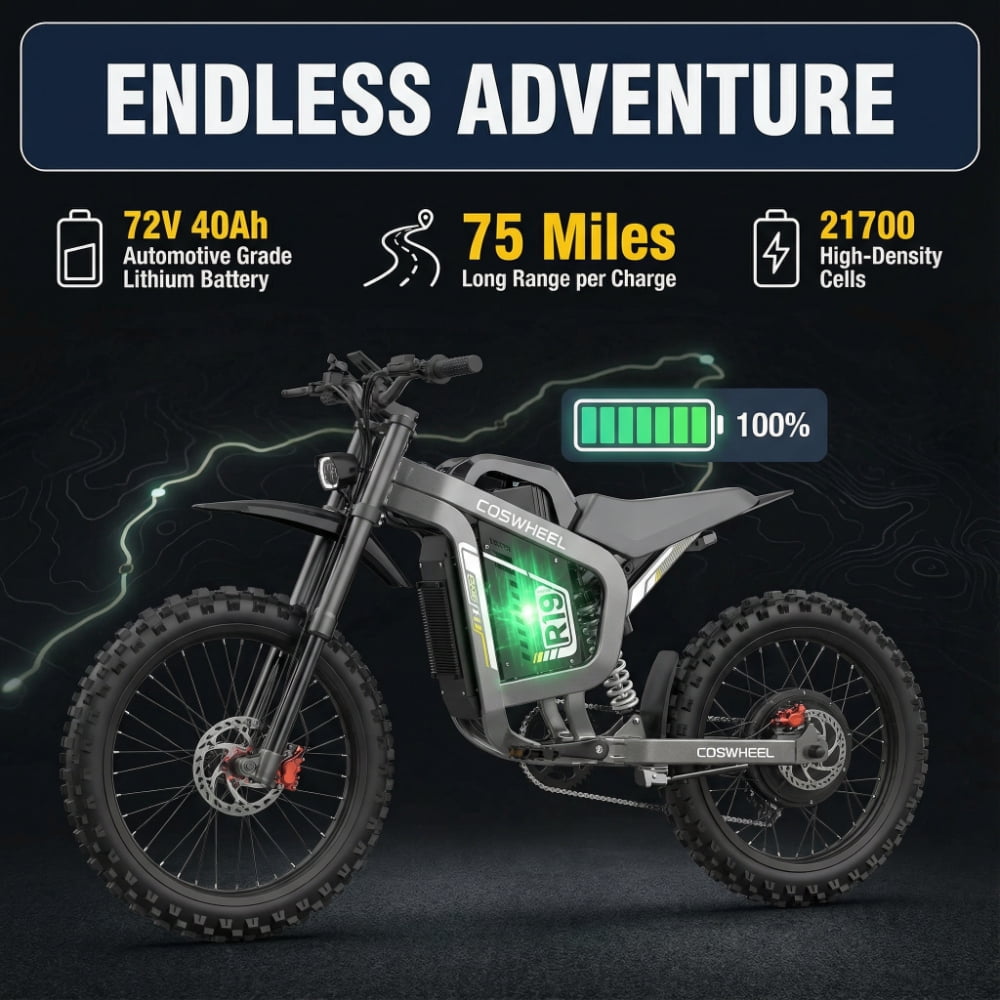 Electric Dirt Bike for Adults, 72V 40Ah, 75 Miles, 6000W Motor, 45MPH