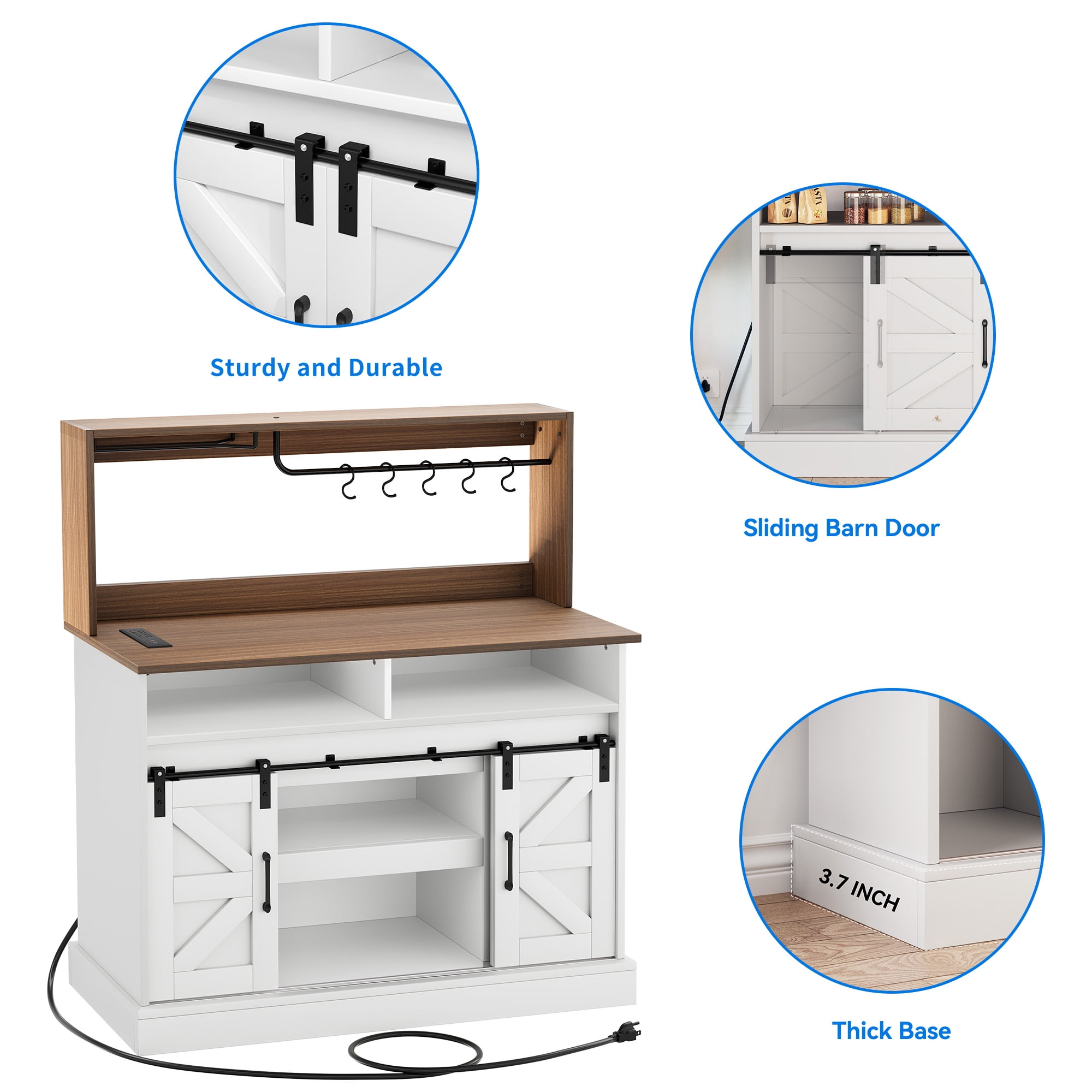 Uforic 47" Farmhouse Coffee Bar Cabinet with Power Outlets, Sliding Barn Door Sideboard, Modern White