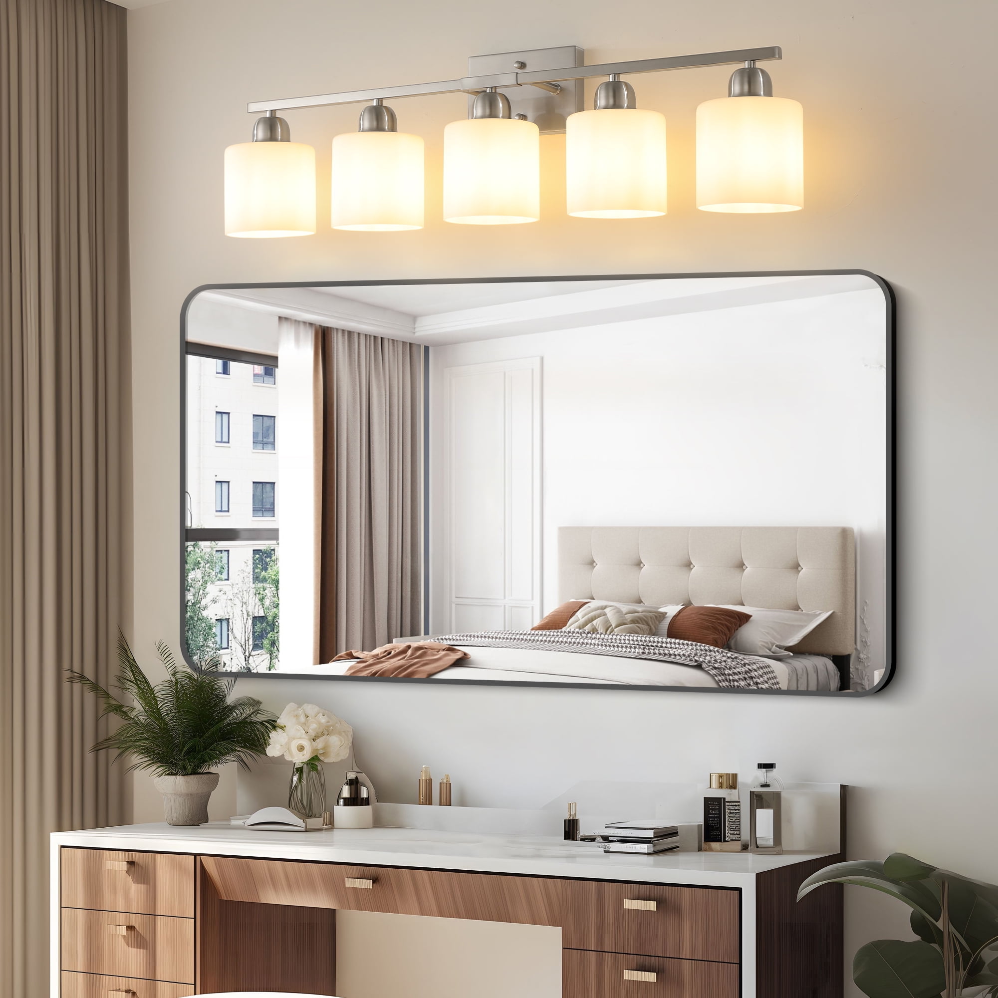 Jopath 5-Light Modern Vanity Light Over Mirror, Wall Sconces with Milky White Frosted Glass Shades for Bathroom, Hallway, or Bedroom Nickel (Bulbs Not Included)