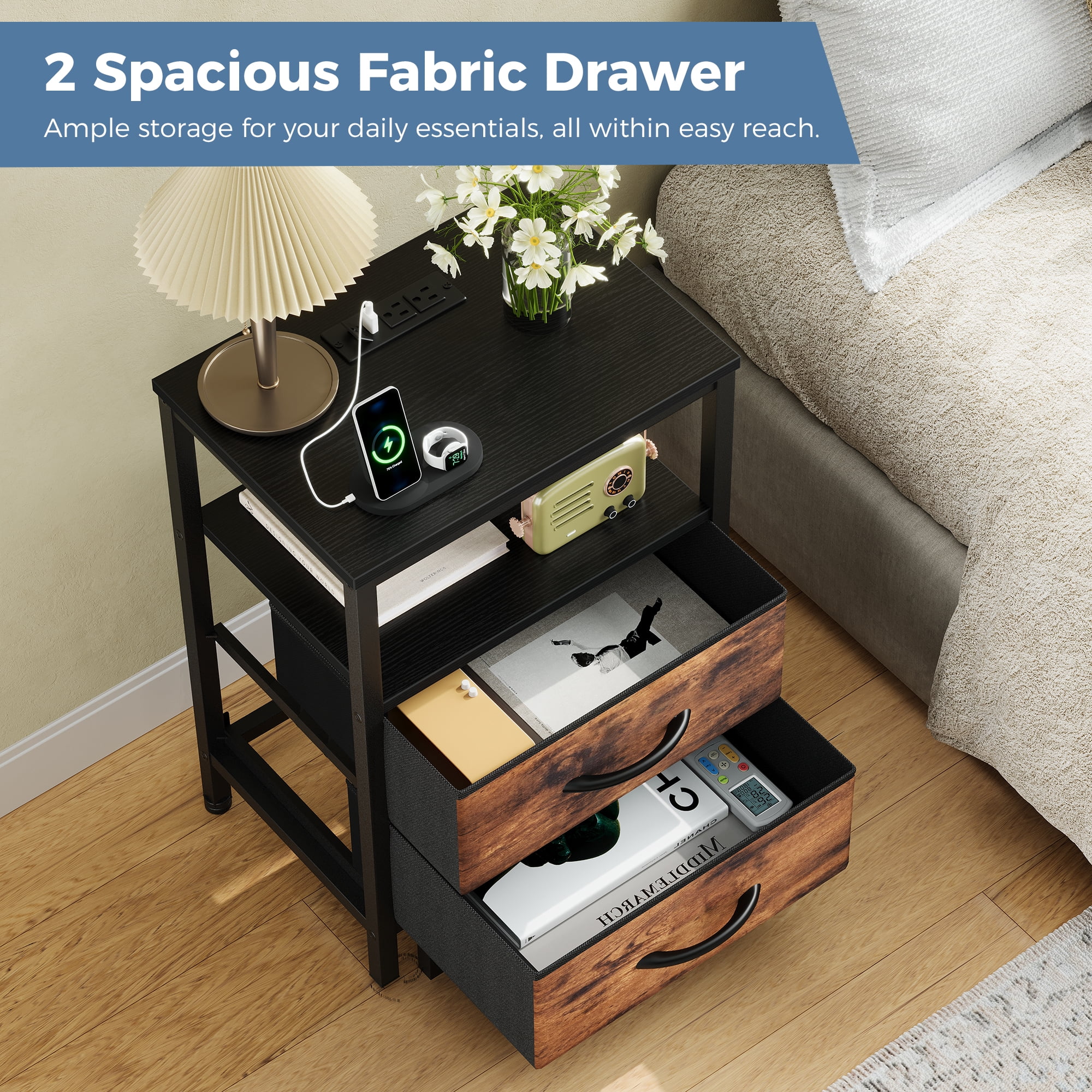 CONCETTA Small Nightstand with Charging Station, 2 Fabric Drawer, End Table with USB Ports and Outlets for Bedroom, Black Brown