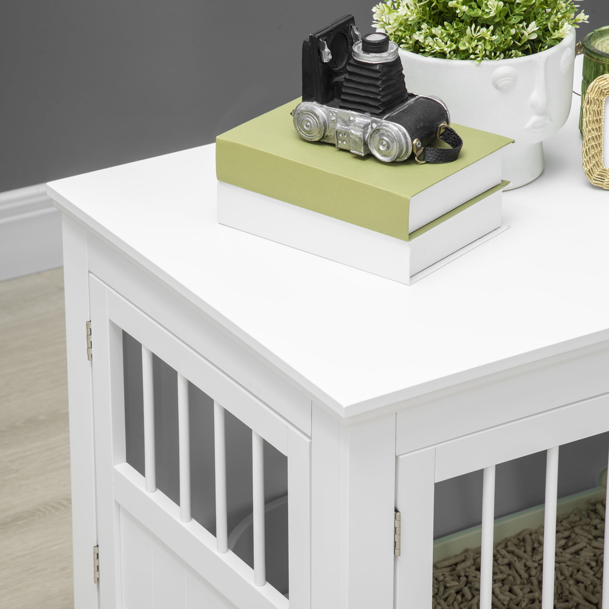 PawHut Dog Crate End Table with Triple Doors, Wooden Dog Crate Furniture Indoor Use, Puppy Crate for Small Dogs, White