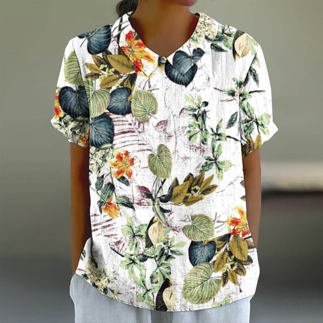 Fiudx Camisas de Mujer Camiseta Holgada Informal con Estampado para Mujer, Tops de Manga Corta con Cuello de Muñeca, Blusa Bonita y de Lino