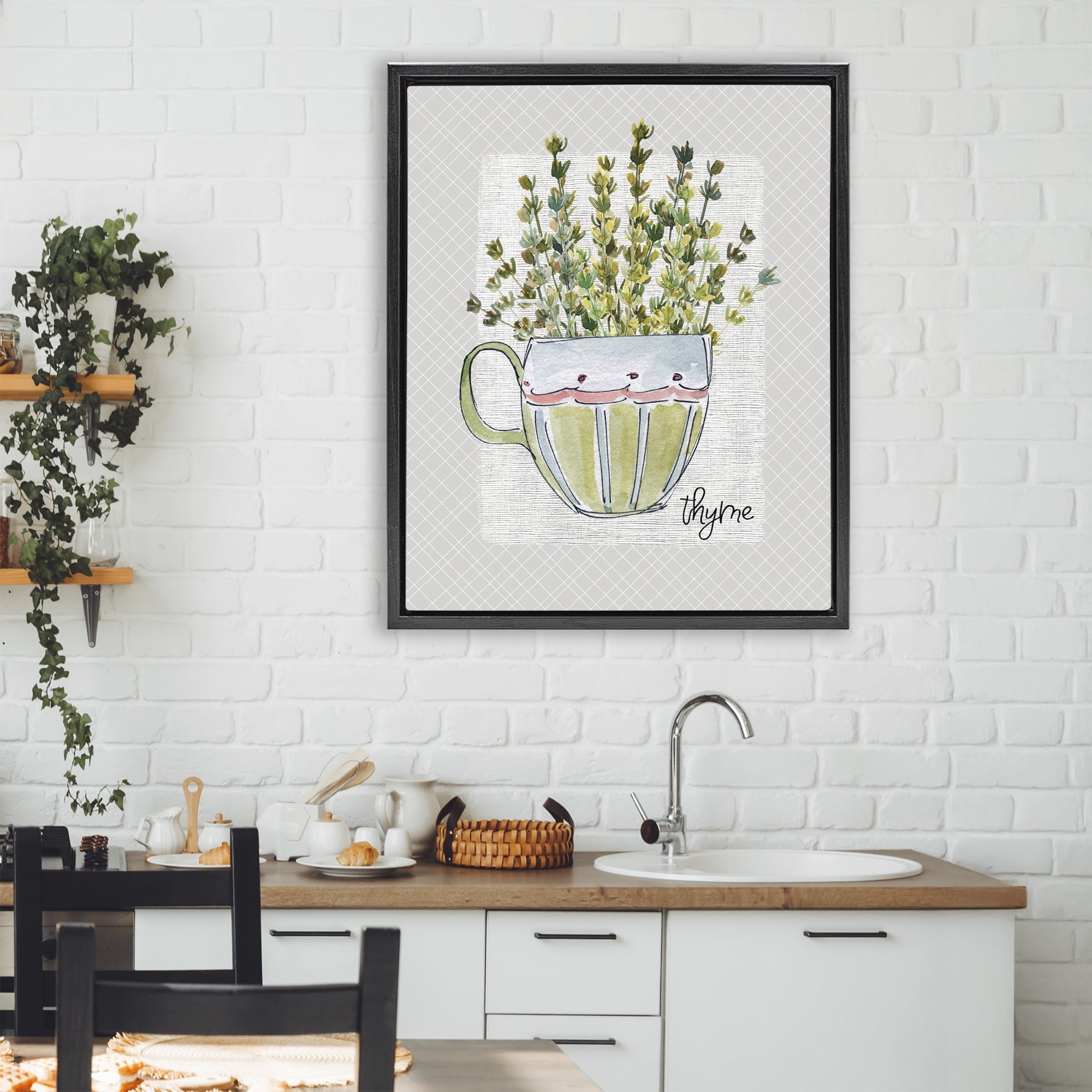Stupell Industries Thyme Herb Mug Black Framed Floater Canvas Wall Art, design by Livi Finn