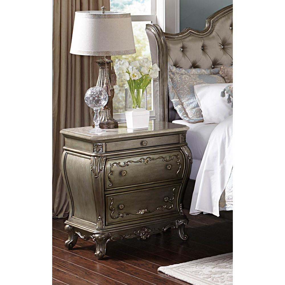Benzara Wooden Night Stand With Marble Top, Champagne Gold Walmart