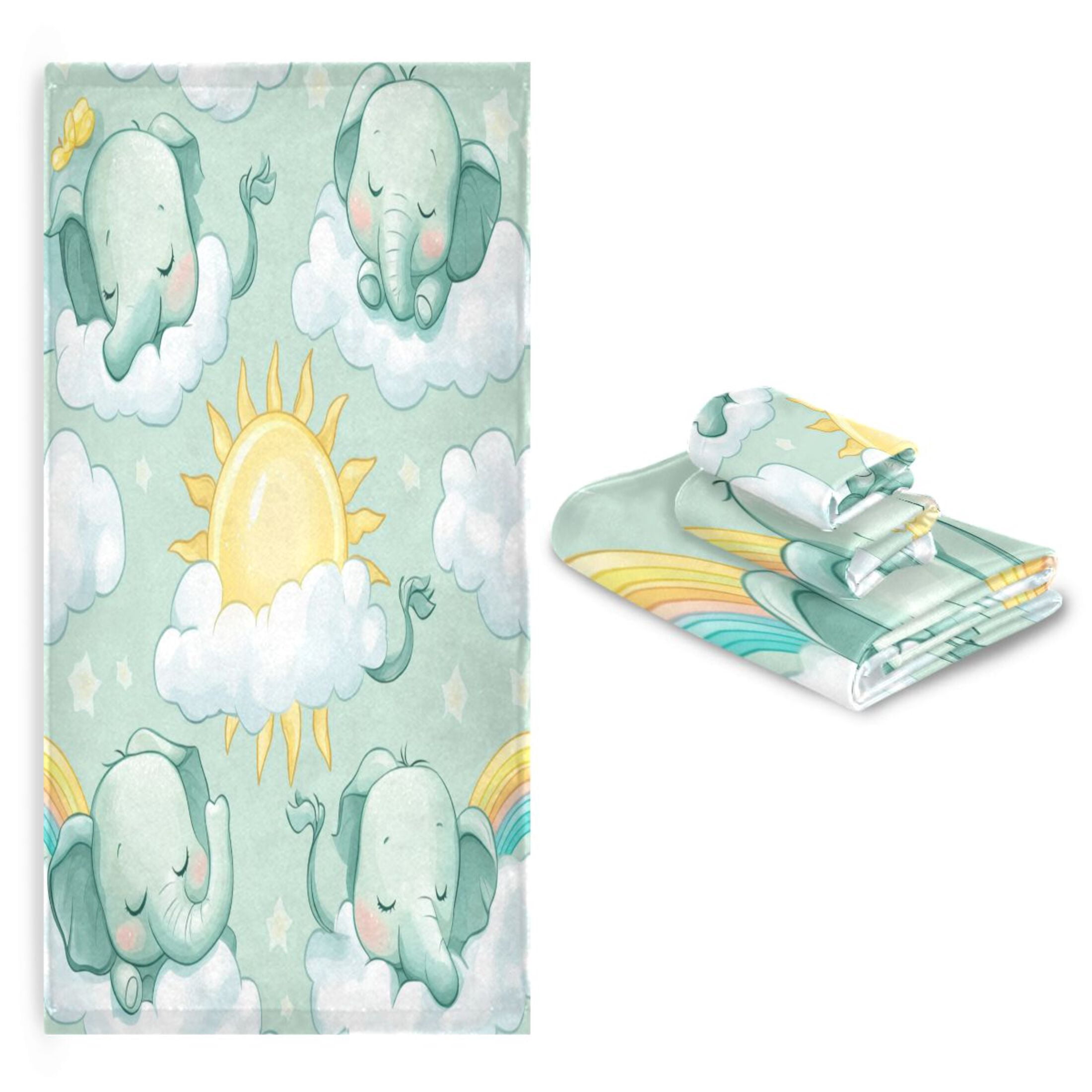 WOBOGO Illustration Of Cartoon Sleeping Baby Elephants Ultra Soft 3 Pack Cotton Towel Set for Everyday Use Lightweight and Compact