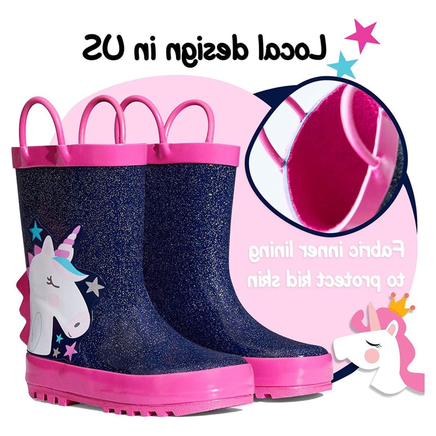 Kushyshoo Rubber Kids Rain Boots Navy Unicorn Rain Boots for Toddler Girls Sizes 6