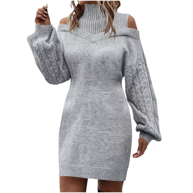 Ashirexll Long Sleeve Mini Dress, Womens Fall Dresses, Women's Fashion High  Neck Pullover Dress Long Sleeve and Round Neck Knee Length Dress