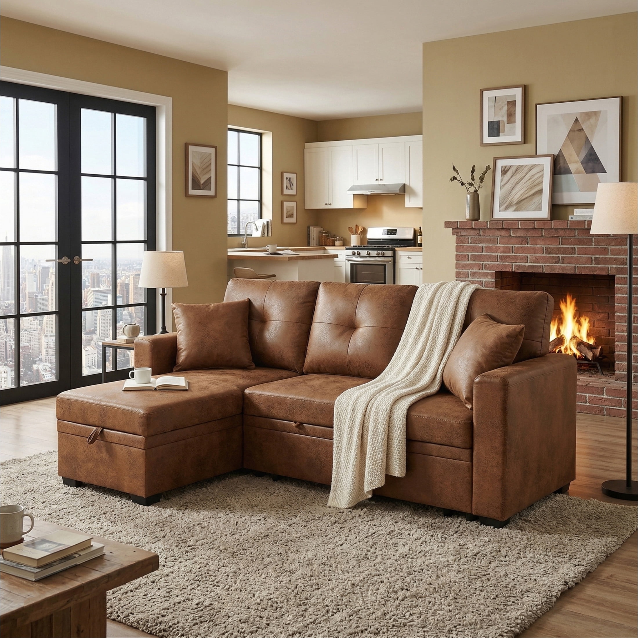 Noble House Sleeper Sectional Sofa with Pull-Out Bed, Reversible Storage Chaise, Foil Fabric, Light Brown