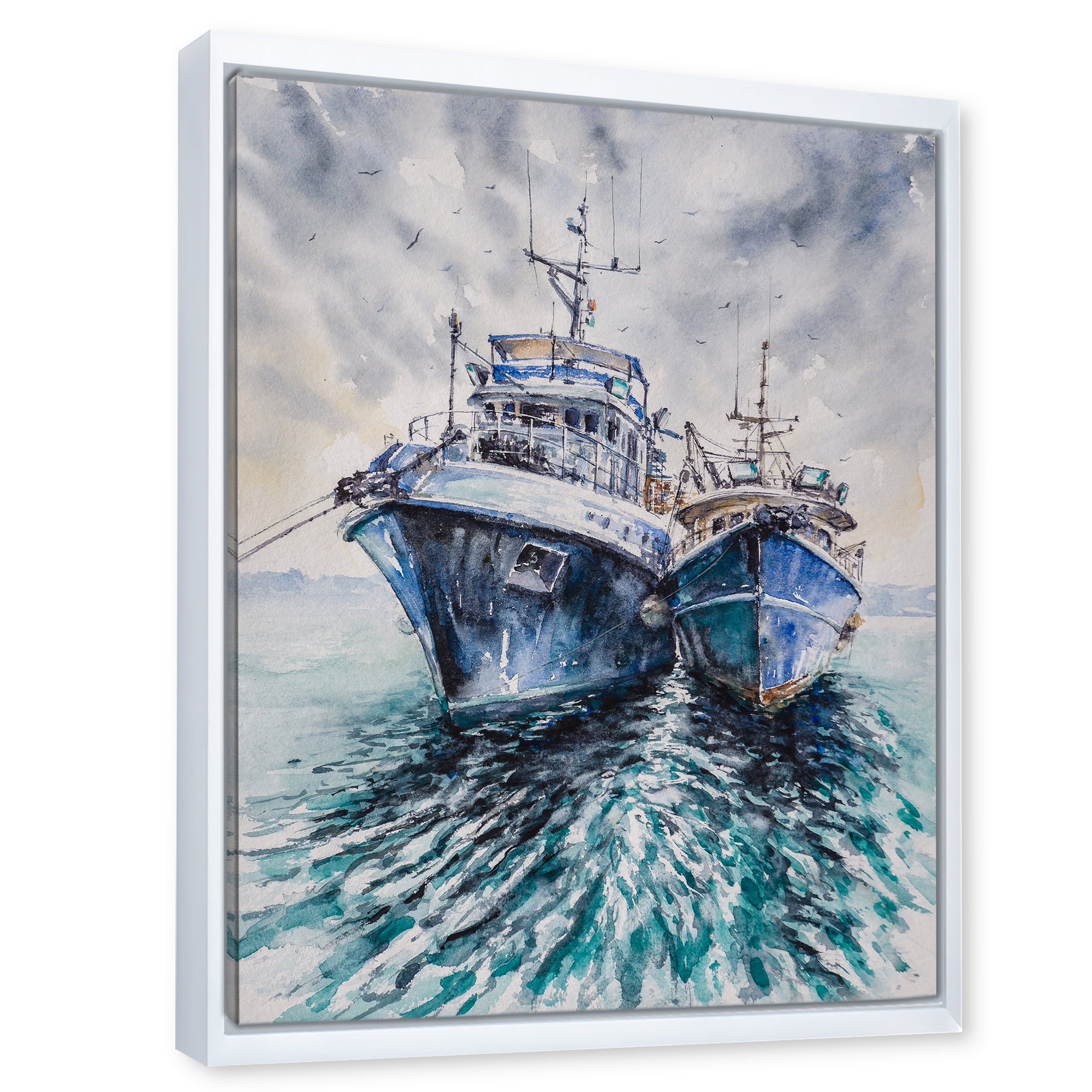 Designart 'Blue Fishing Boats Before A Storm Anchored' Nautical & Coastal Framed Canvas Wall Art Print