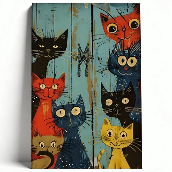 Abstract Cat Wall Art, Colorful Folk Art Cats Canvas Wall Art Picture, Vibrant Abstract Animal Decor for Living Room Bedroom Nursery Artwork, 8"x12"
