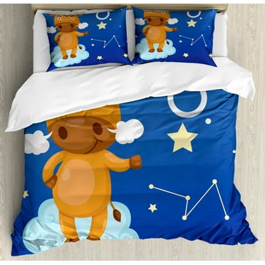 Zodiac Taurus Queen Size Duvet Cover Set, Cartoon Bull Character on Blue Cloud in Sky with Stars Constellation and Sign, Decorative 3 Piece Bedding Set with 2 Pillow Shams, Multicolor, by Ambesonne