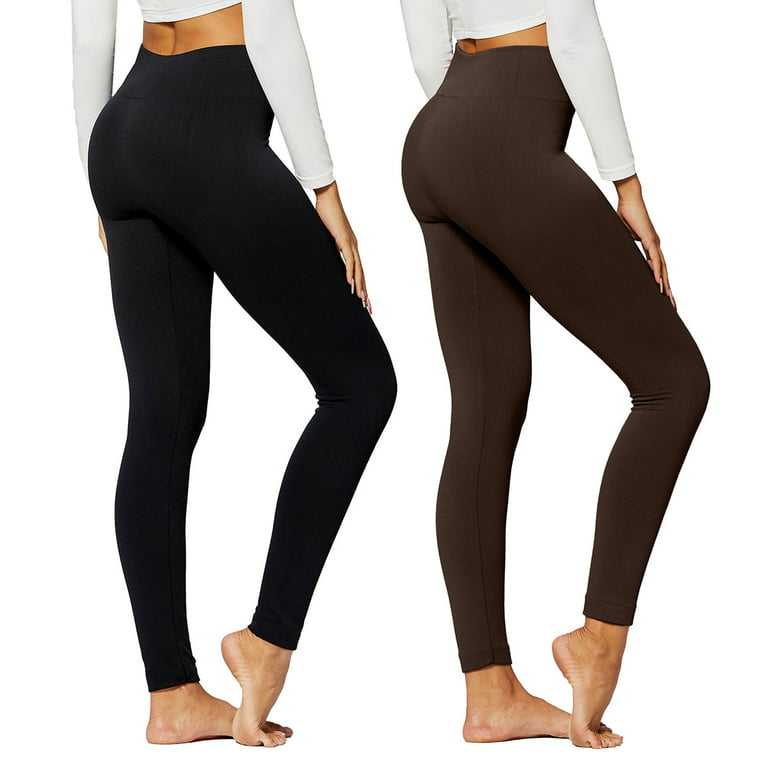 Premium Women's Fleece Lined Leggings - High Waist - Regular and Plus Size  - 20+ Colors - 2-pack Black & Brown - Small - Medium 