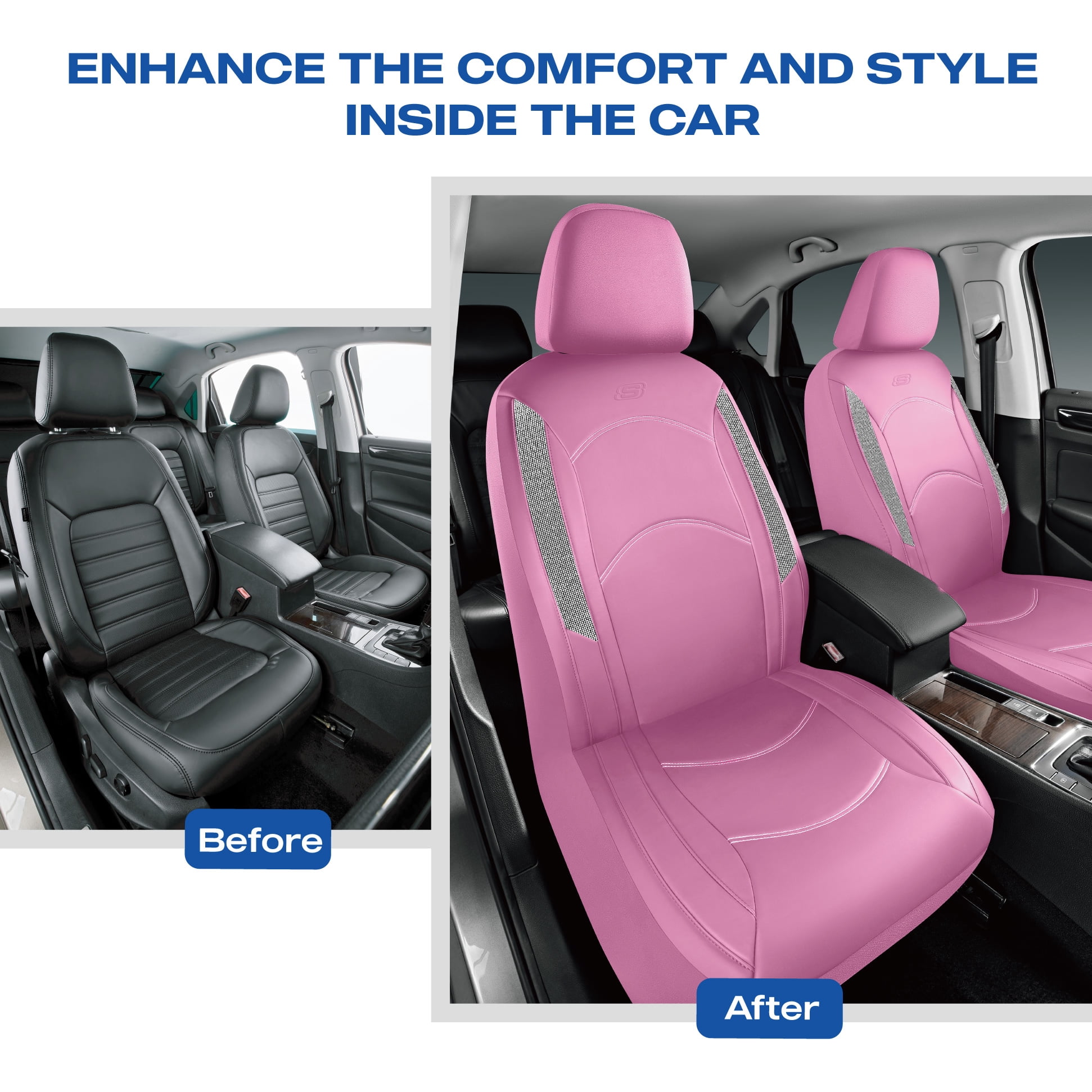 Skechers Leather Front Car Seat Cover – Stylish Diamond Design, Universal Fit - Pink