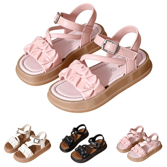 Toddler Girls Open Toe Summer Beach Sandals, Ruched Strap Adjustable Buckle Ankle Strap Flat Sandals, Lightweight Non Slip Casual Shoes for Vacation Outfits White 35