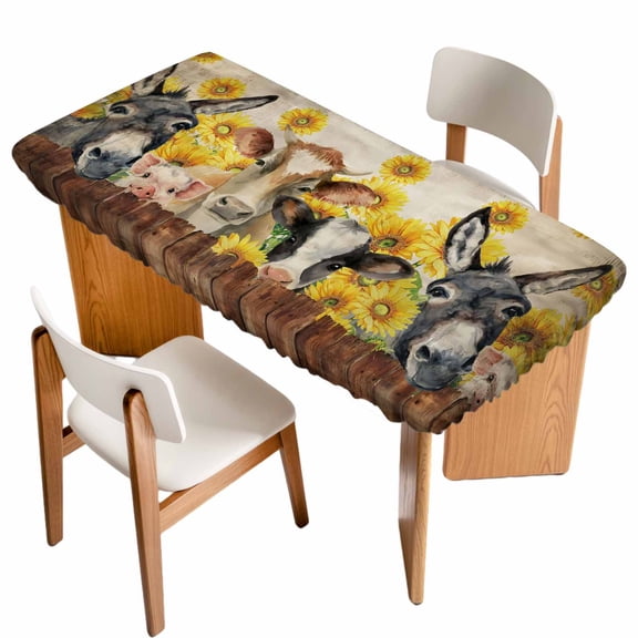 Farmhouse Cow Pig Table Cloths for 3 Foot Rectangle Tables, Vintage Wooden Farm Animals Patio Waterproof Elastic Fitted Tablecloths, Washable Rectangular Table Cover for Camping