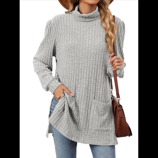 Camisas de Larga para Mujer, Blusas Túnica Casuales de Cuello Alto Gris XL