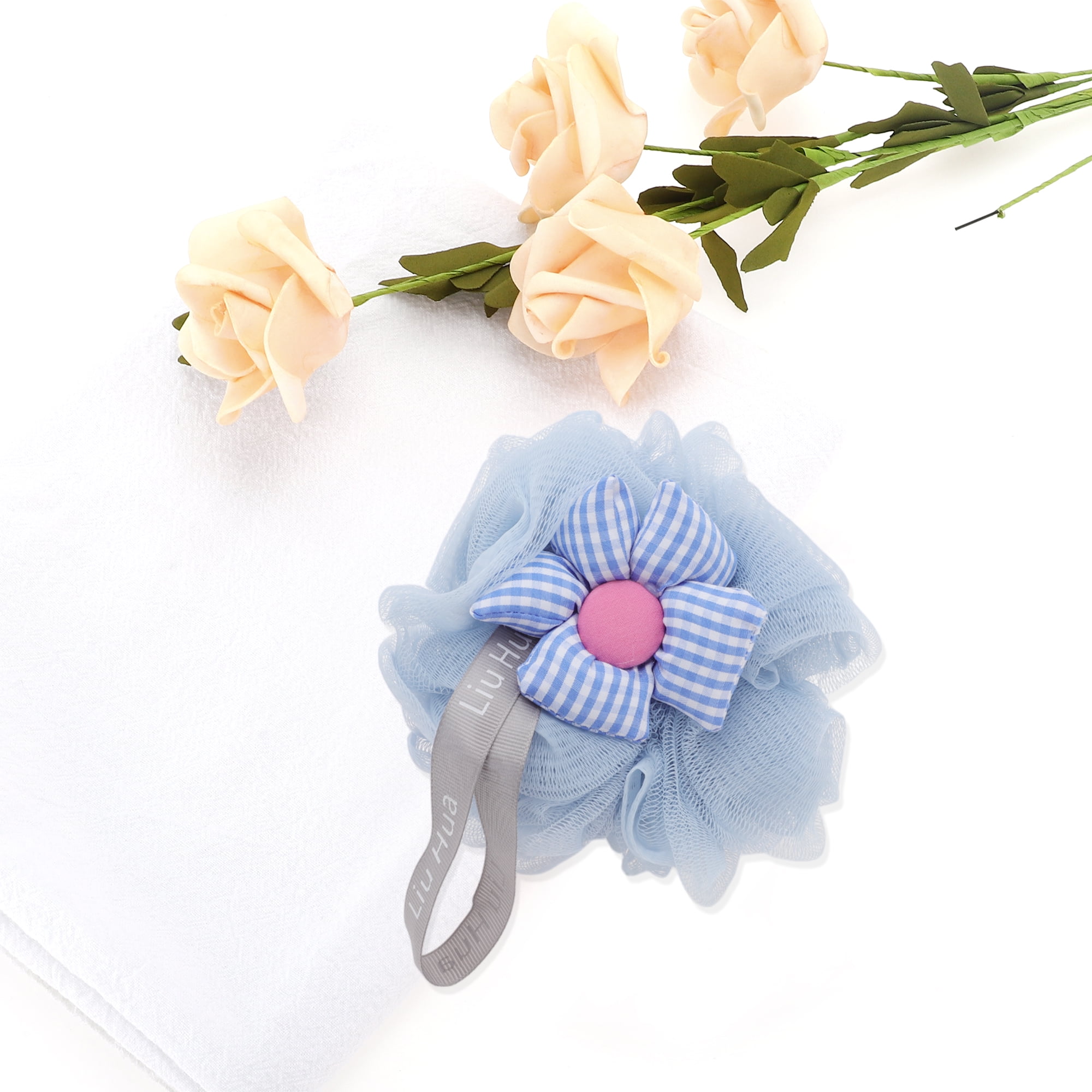 Unique Bargains 1pc Plaid Sunflower Bath Shower Loofah Sponge Blue