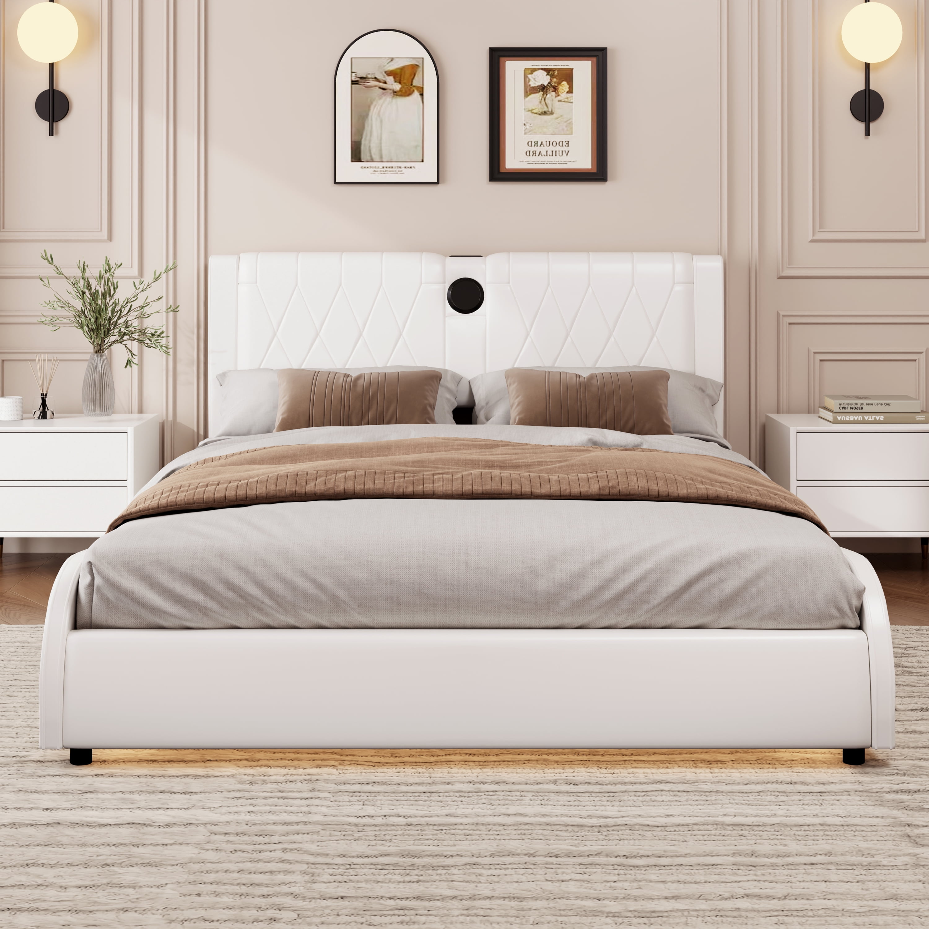 MAYEERTY Queen Faux Leather Platform Bed Thick Headboard Bluetooth RGB for Bedroom White