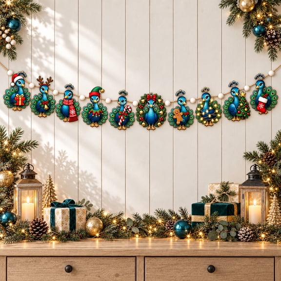 Garland Peacock Christmas Decorations, Wooden Mantel Accent for Bird Lovers