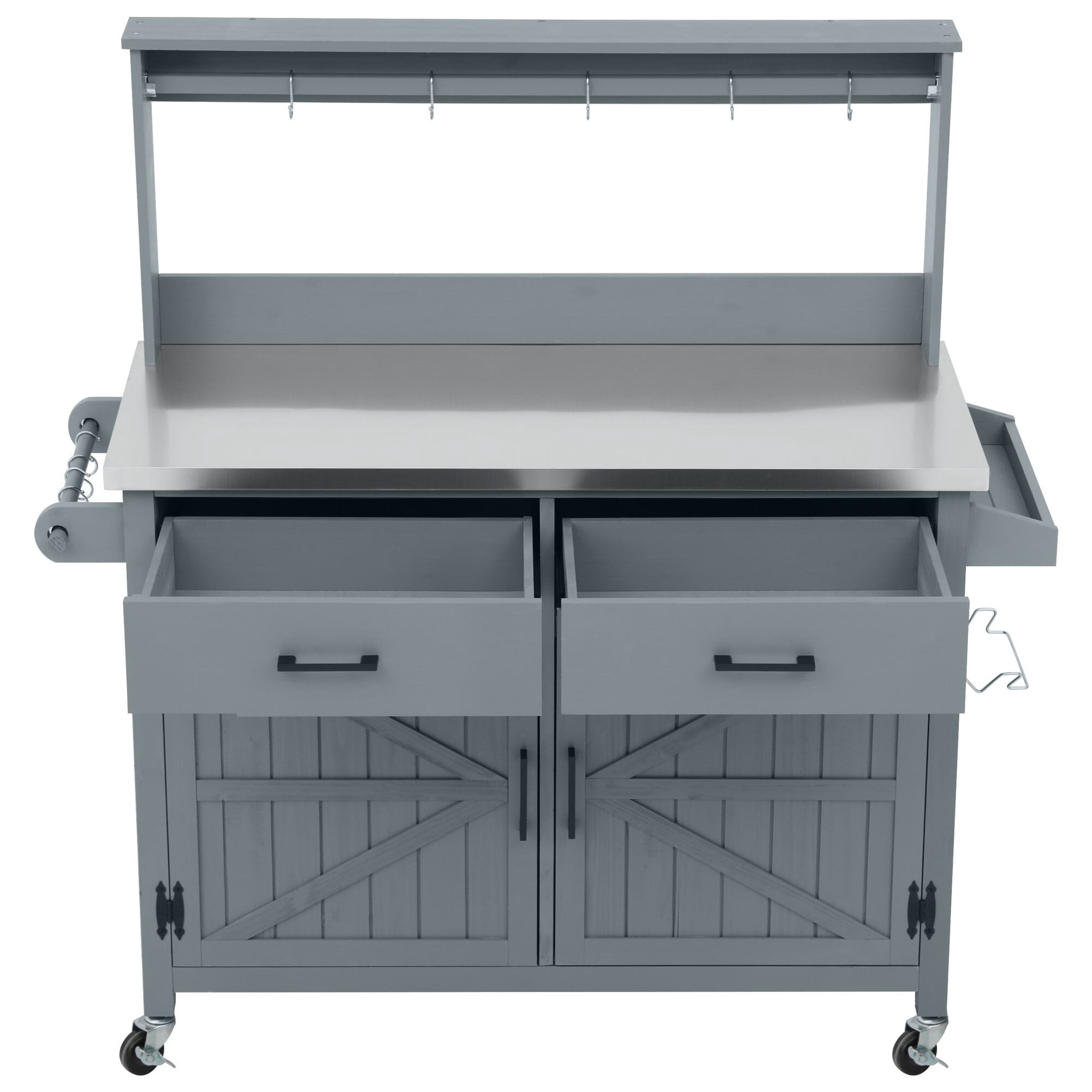 AENKYO 54" Outdoor Kitchen Island, Rolling Grill Cart & Potting Bench with Stainless Steel Top, BBQ Prep Station, Blue