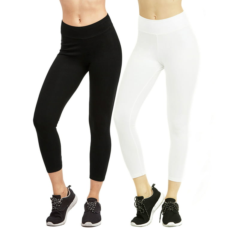 Women & Plus Soft Cotton Active Stretch Capri Length Lightweight Leggings  (2PK-Black/White, 1X) 