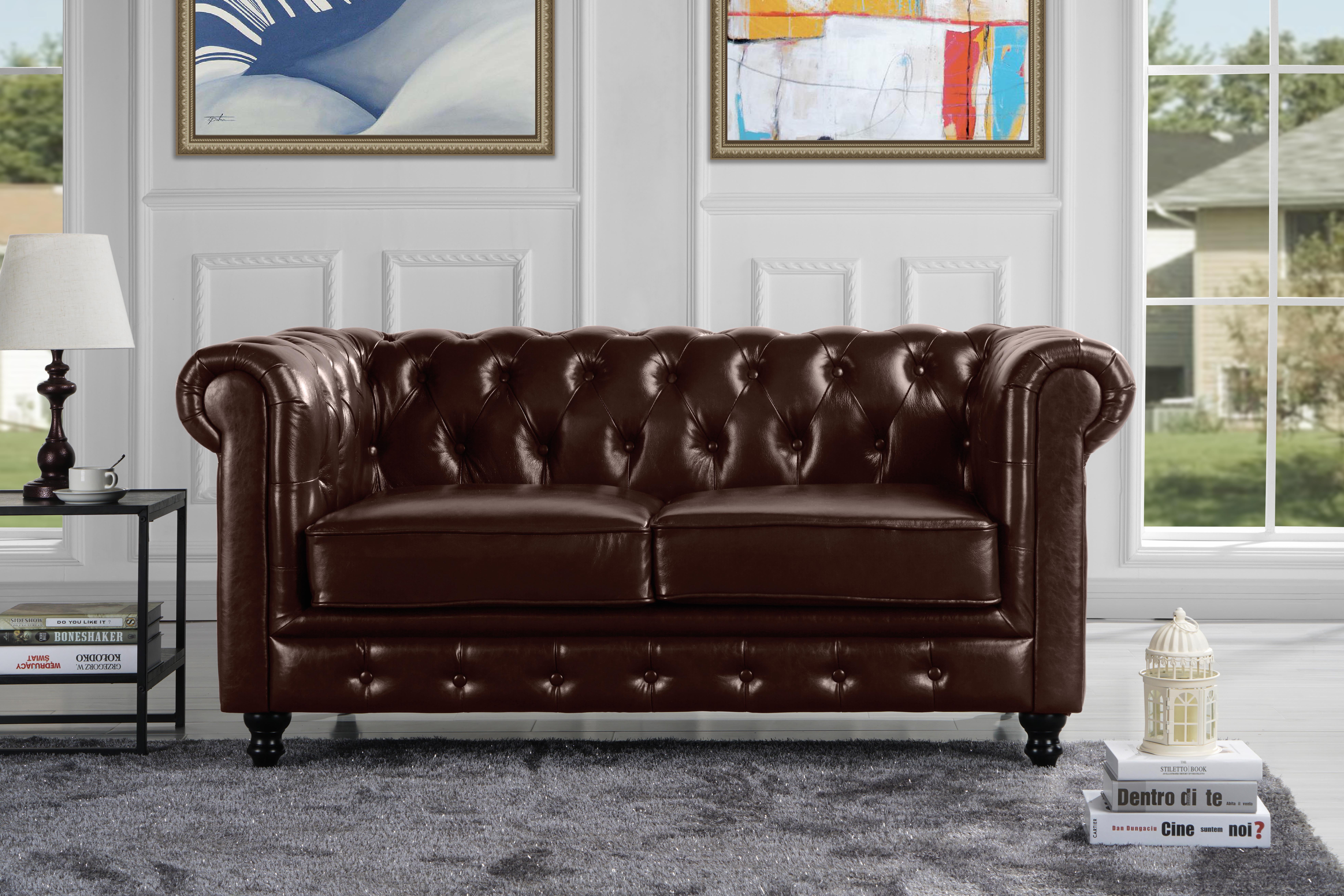 Classic Real Italian Leather Chesterfield Loveseat, Dark Brown