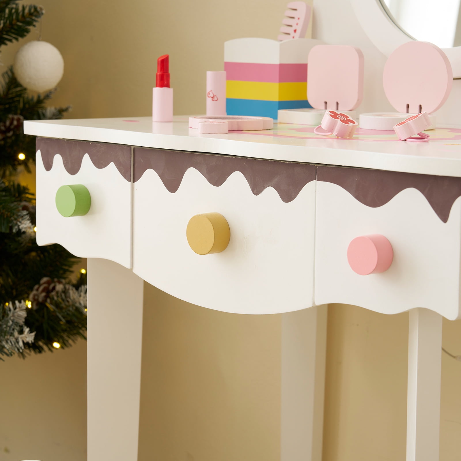 Paproos Kids Vanity with Mirror, Wood Girls Vanity Set with Drawers & Stool, Princess Toddler Dressing Table with 7Pcs Pretend Play Makeup Toys, Makeup Vanity Table for Littler Girls Aged 3+, White